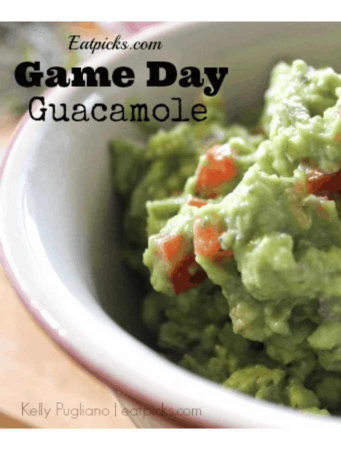 Game Day Guacamole is a great dip to have on hand for any gathering! Perfect party appetizer or evening snack. Full of delicious avocados. #easyrecipe #avocados #appetizer #partyfood #tailgate