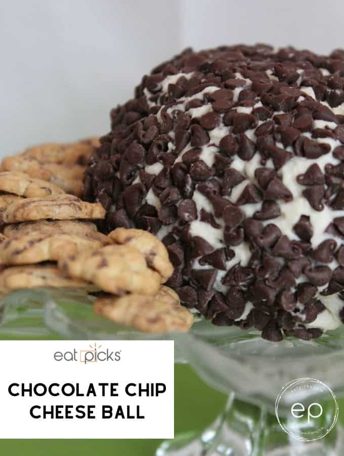 Chocolate Chip Cheese Ball Dessert covered in mini chocolate chips with bunny crackers