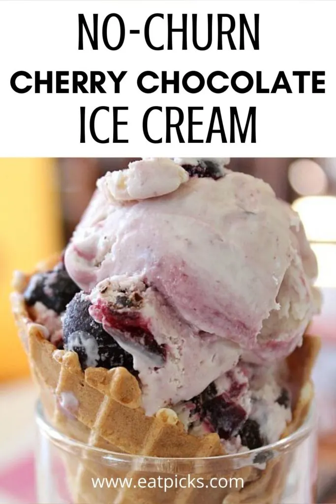 No-Churn Cherry Chocolate Ice Cream in waffle cone