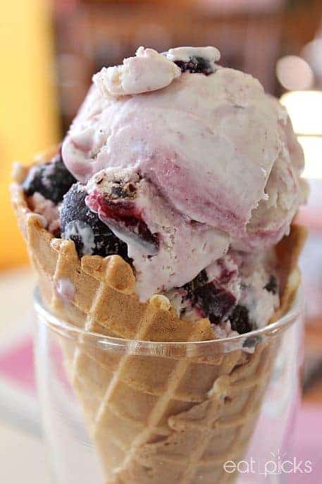 no-churn cherry chocolate chunk ice cream in cone is super easy.