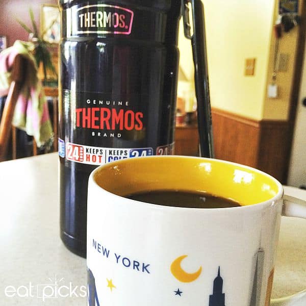 Thermos Brand thermos keeps your coffee HOT or cold for 24 hours! Our favorite item for traveling!