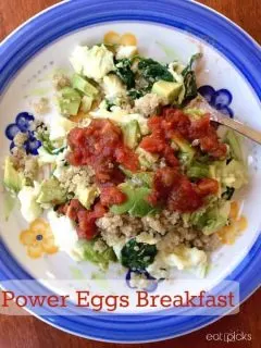 Power eggs recipe is full of egg whites, spinach, quinoa, avocado and salsa makes for a healthy, nutritious start to any day.
