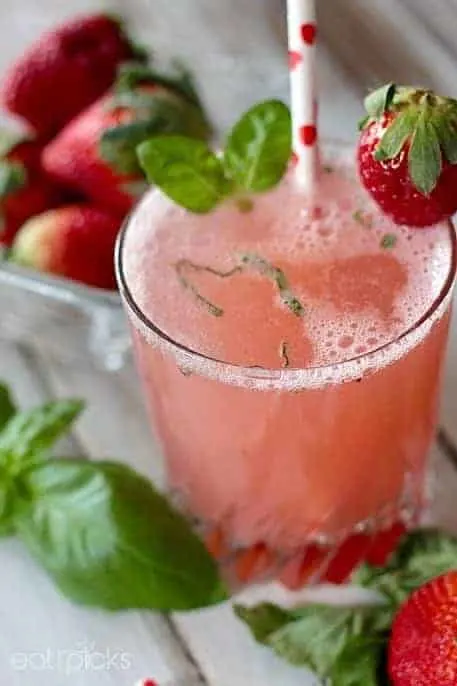 Strawberry Basil Spritzer with heart straw
