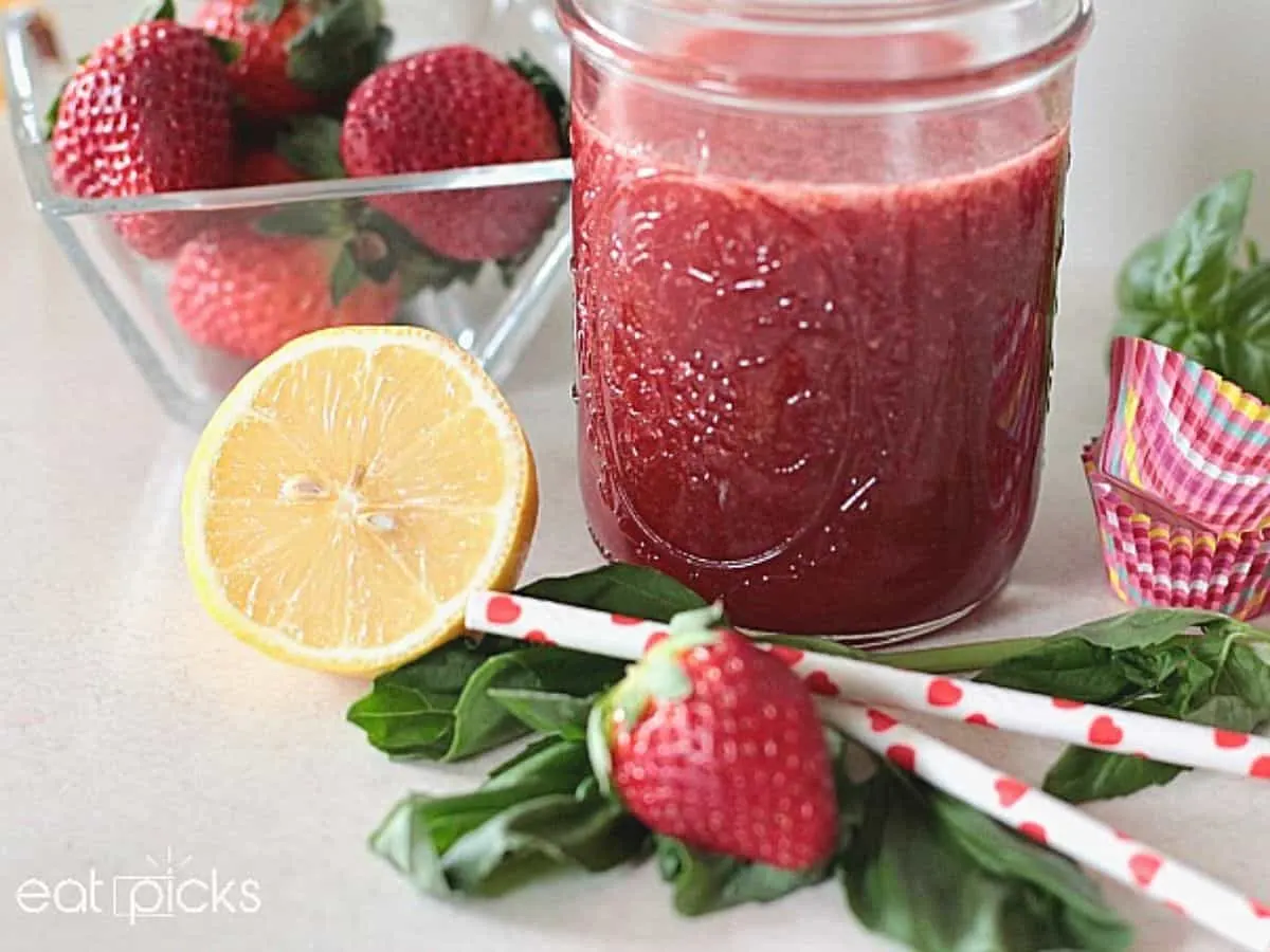 strawberry basil spritzer syrup in mason jar