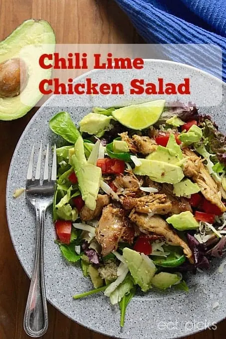 chili lime chicken thighs make the perfect topping to a healthy salad. Salty with a bit of tang along with avocado and tomato, easy lunch or dinner in under 10 minutes!