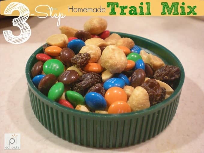 Save money by making this easy 3-step homemade trail mix. Customize with your favorite nuts, chocolate candies and dried fruit.