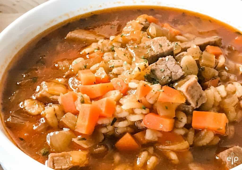 Homemade Beef Barley Soup in bowl