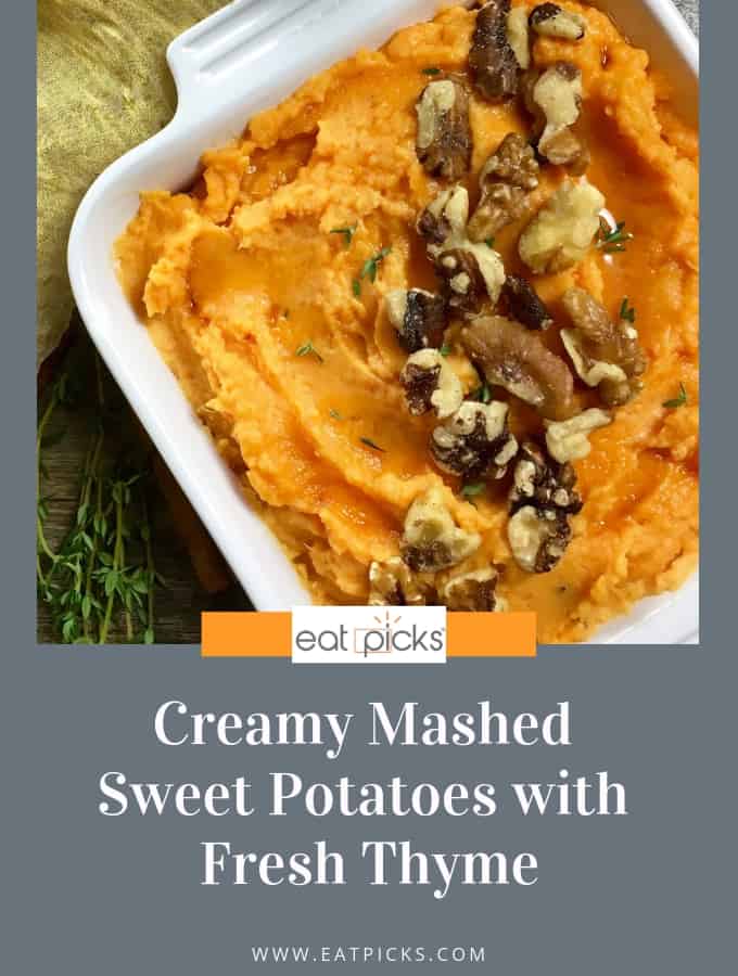Creamy Mashed Sweet Potatoes with Fresh Thyme is a perfect side dish to enjoy any time of year. Packed with nutrition and vitamins, it will be a new favorite. #sidedish #sweetpotatoes #easyrecipe 