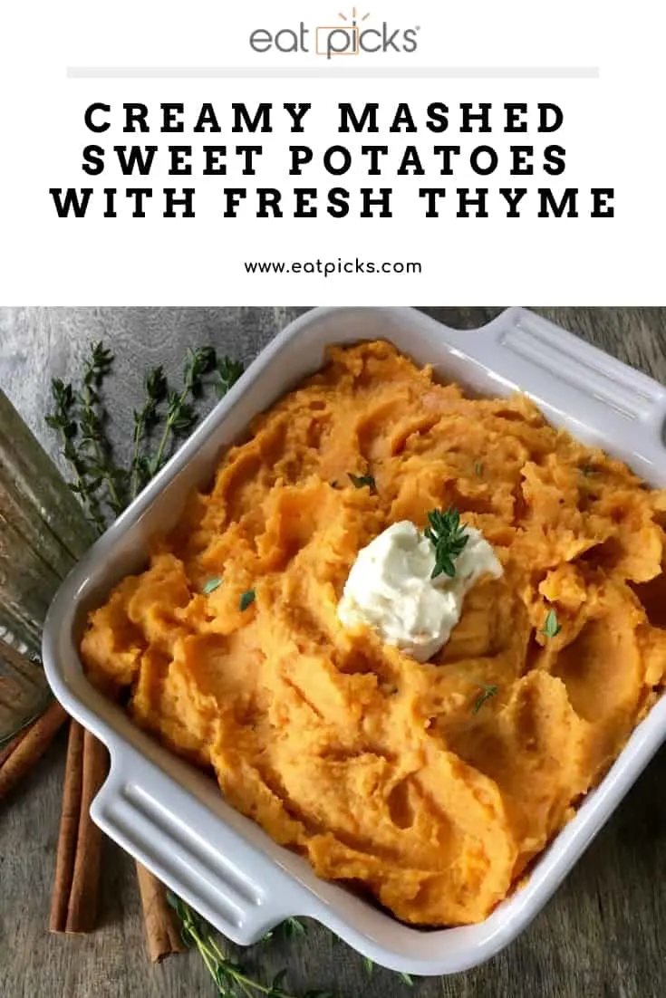 Creamy Mashed Sweet Potatoes with Fresh Thyme is a perfect side dish to enjoy any time of year. Packed with nutrition and vitamins, it will be a new favorite. #sidedish #sweetpotatoes #easyrecipe