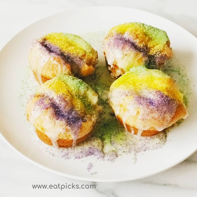 Mardi Gras Cupcakes on Plate to serve during Fat Tuesday Celebrations.