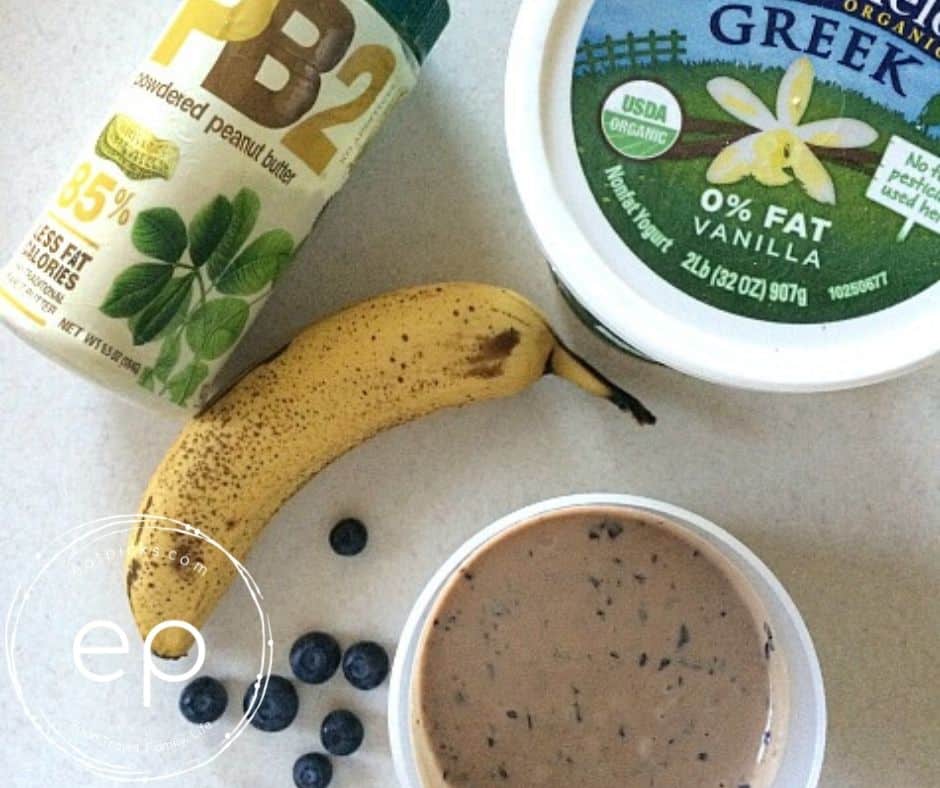 PB&J Smoothie Ingredients, banana, berries, yogurt, peanut butter