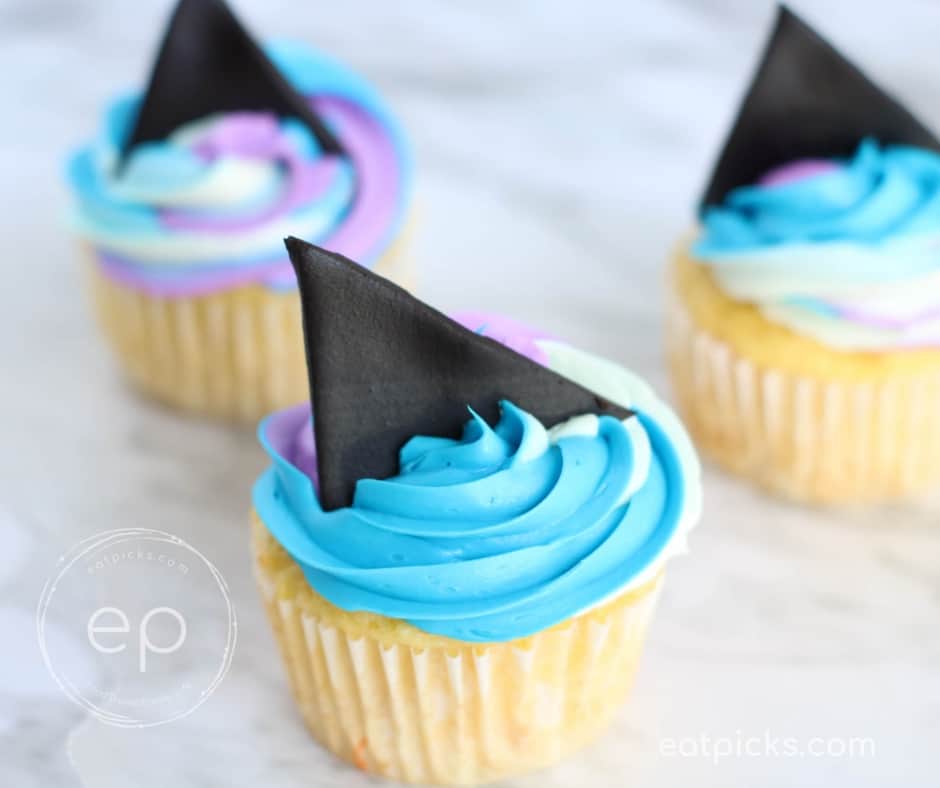 Shark Fin topped cupcakes with ocean blue frosting