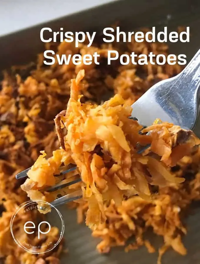 Crispy Shredded Sweet potatoes on fork