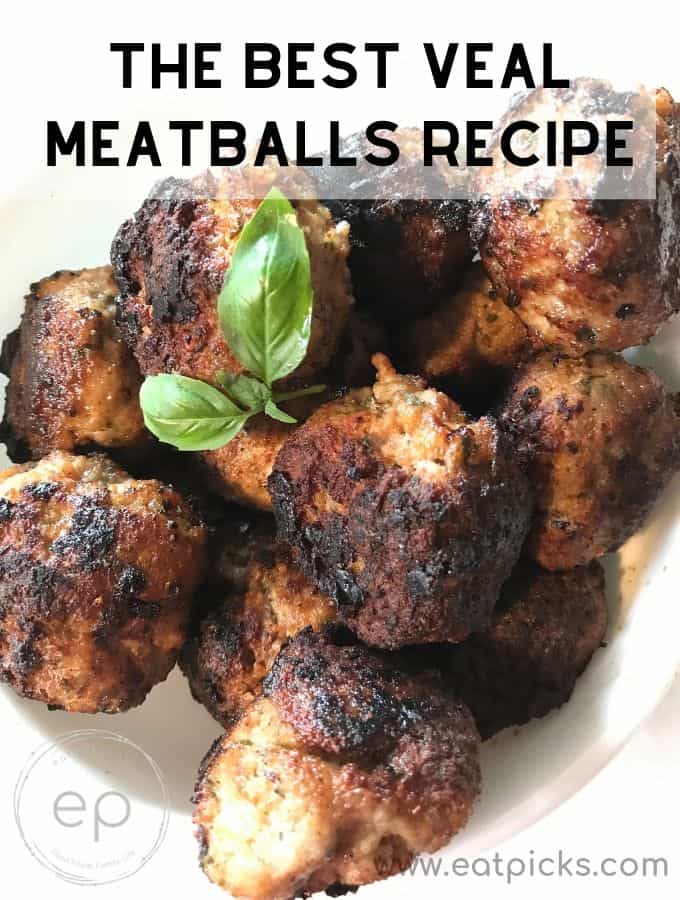Best Veal Meat Balls Recipe in bowl with basil leaf garnish