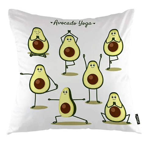 Avocado decorative pillow with yoga poses