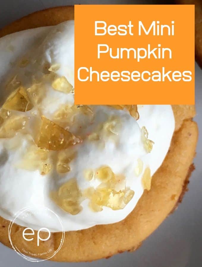 Mini Pumpkin Cheesecakes with whipped cream topping and brown sugar