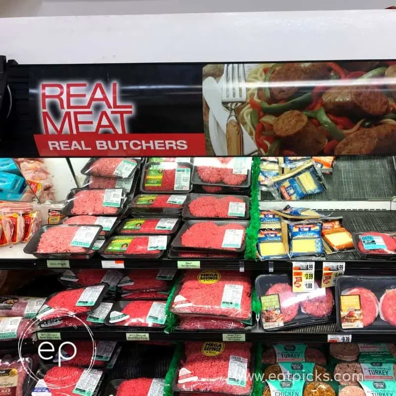Super market meat case with burger and flank steak