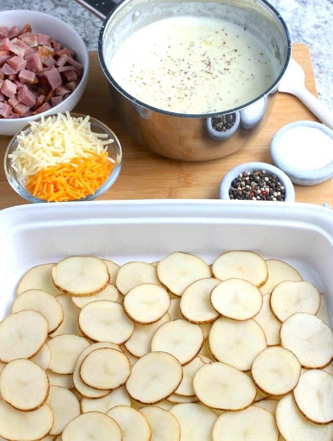 Sliced potatoes for scalloped potatoes and ham