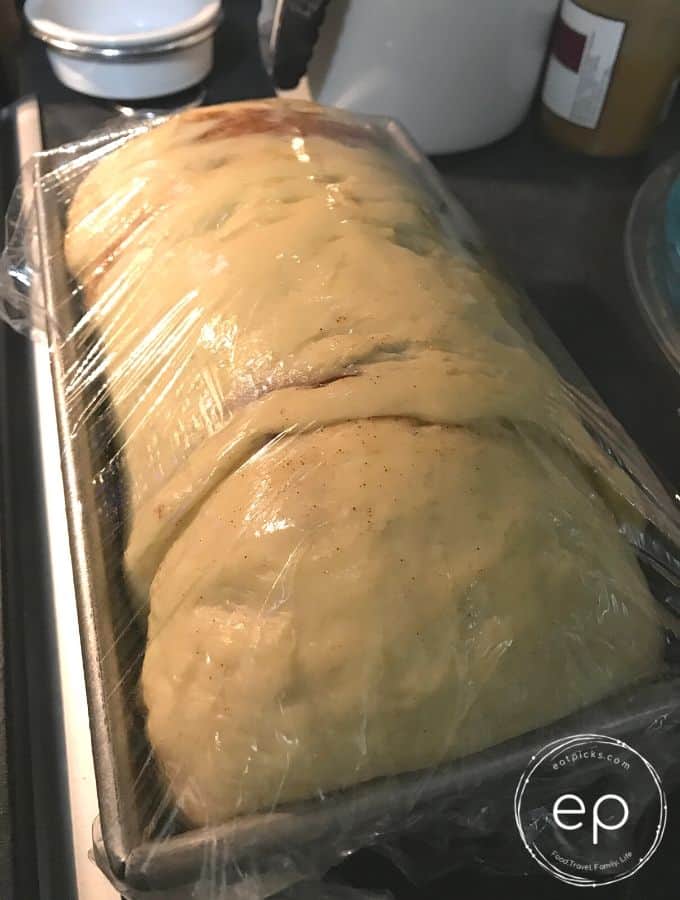 Cinnamon Swirl bread in pan second rise