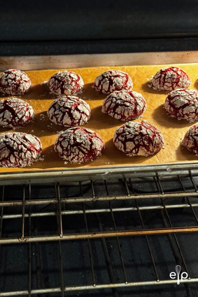 red velvet cookies in oven