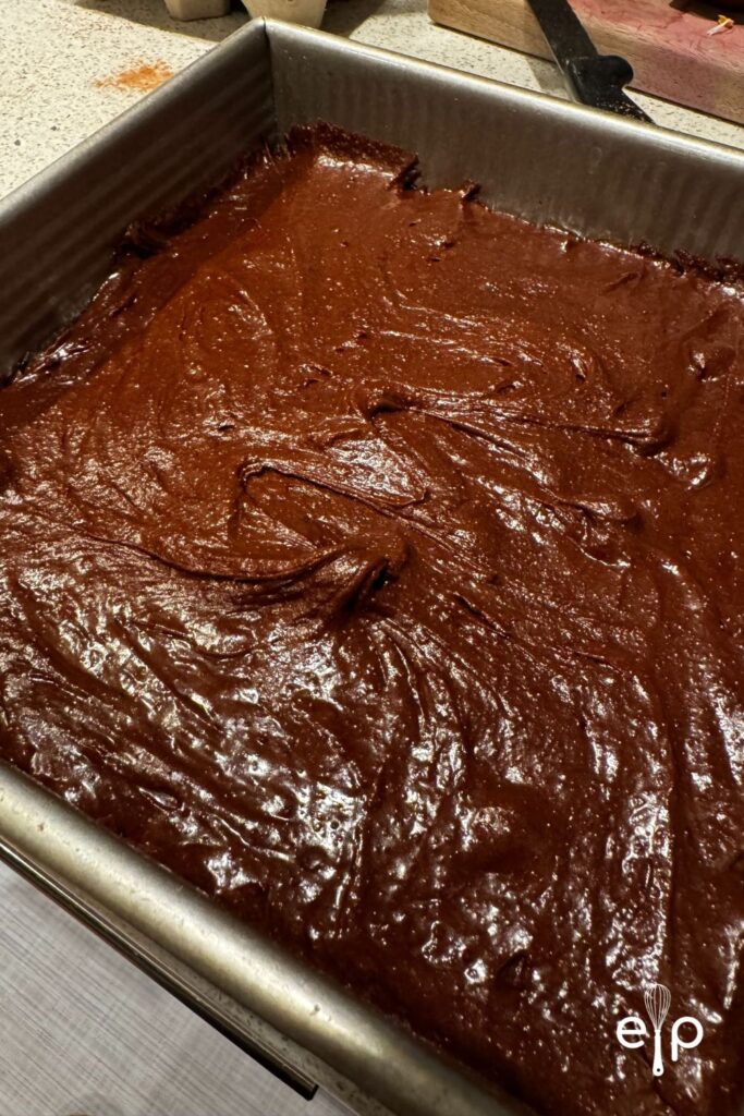 Brownie batter in pan